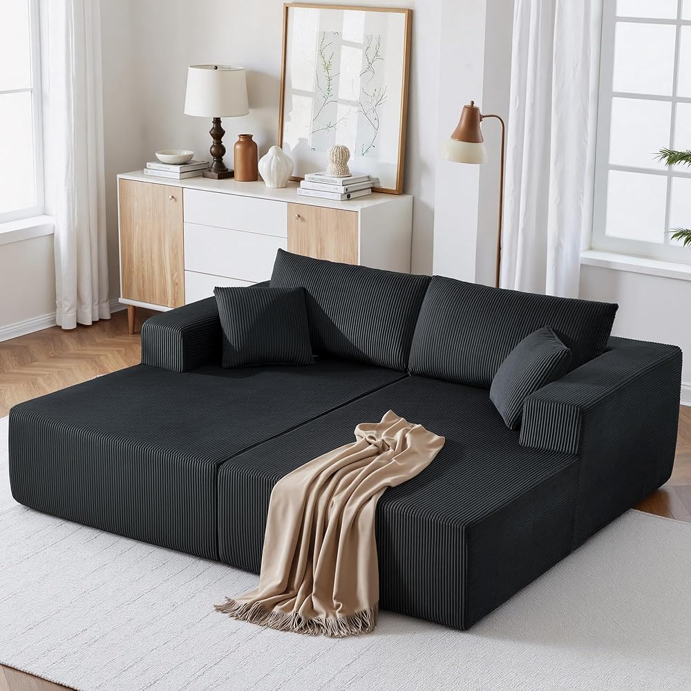 Oversized Double Lounge Chaise Indoor,81" Cloud Plush Sofa Bed,Corduroy Boneless Sleeper Sofa Bed with 2 Pillows,Modern Upholstered Sofa Couch for Living Room Bedroom,No Assembly Required,Black