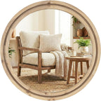 Solid Wood 30 Inch Round Beaded Vanity Wall Mirror, Natural Wood