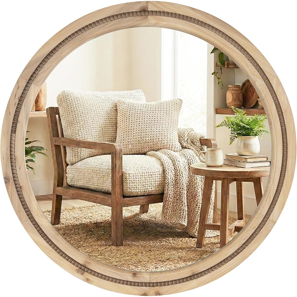 Solid Wood 30 Inch Round Beaded Vanity Wall Mirror, Natural Wood