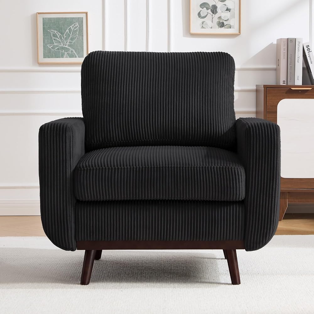 Accent Chair for Bedroom,Reading Chair with Deep Seat,Corduroy Armchair with Wood Legs, Comfy Living Room Chairs Single Sofa for Indoor Bedroom Apartment(Black)
