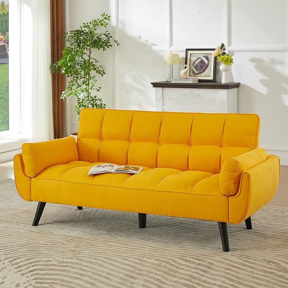 Sofa Couch for Living Room, 74.8" Linen Tufted Modern Comfy Couch with Pillow-Top Armrest, 3 Seater Upholstered Sofa for Small Spaces, Office, Apartment, Golden Yellow