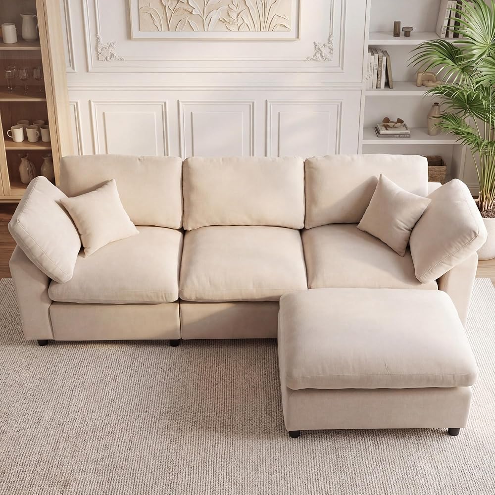 100" Wood Frame L-Shaped Modular Sectional Couch with Ottoman, Modern Cloud Chenille Sofa, Deep Seat 3 Seater & 4 Seat Cloud Modular Beige Upholstered Couch for Living Room, Bedroom, Apartment, Home
