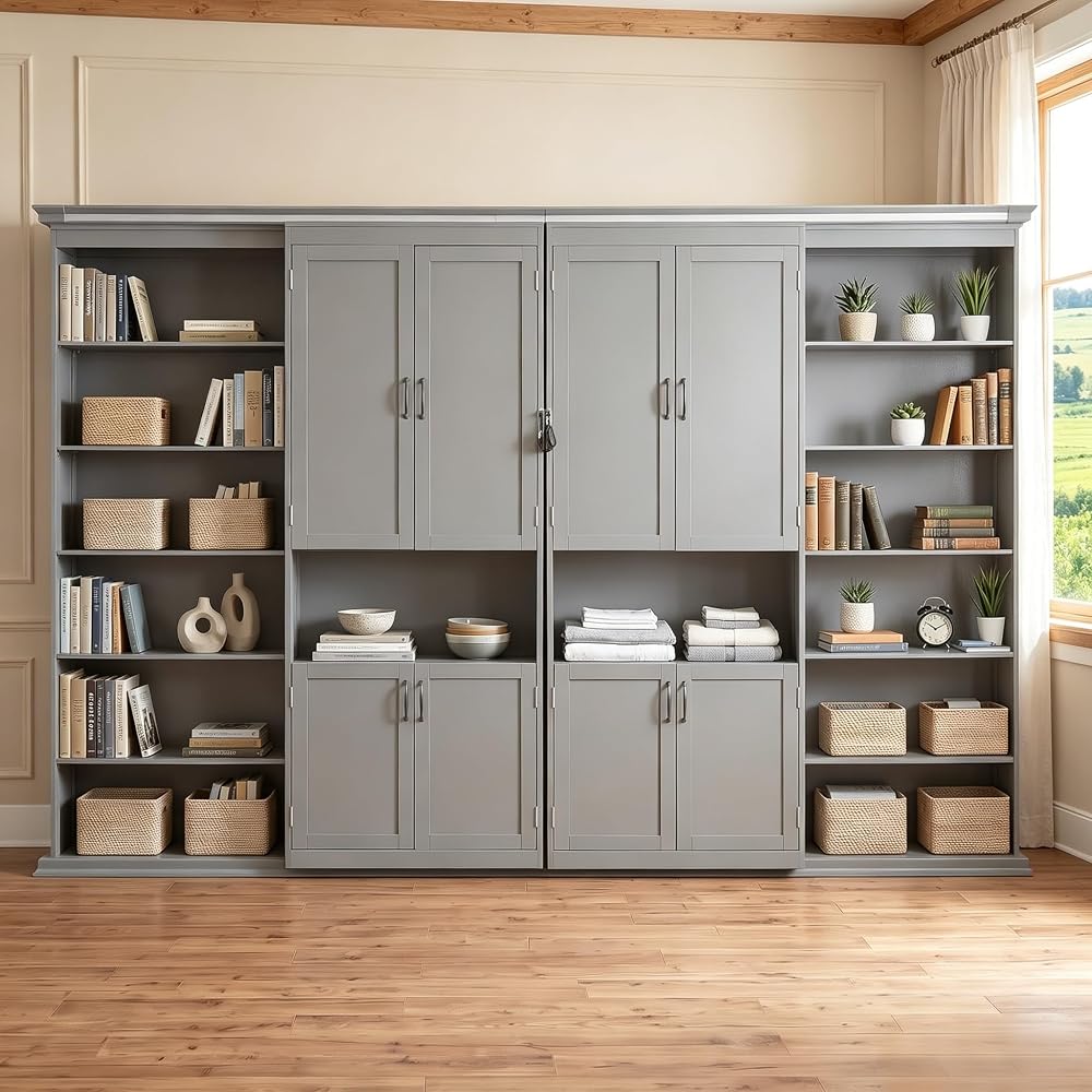 SOFTSEA Queen Murphy Bed with Dual Sliding Cabinets, Gray