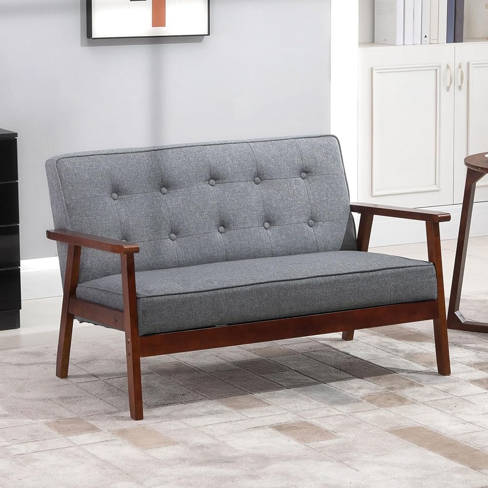 HOMCOM Modern Upholstered 2-Seat Loveseat Sofa with Linen-Touch Fabric and Rubberwood Legs, Grey