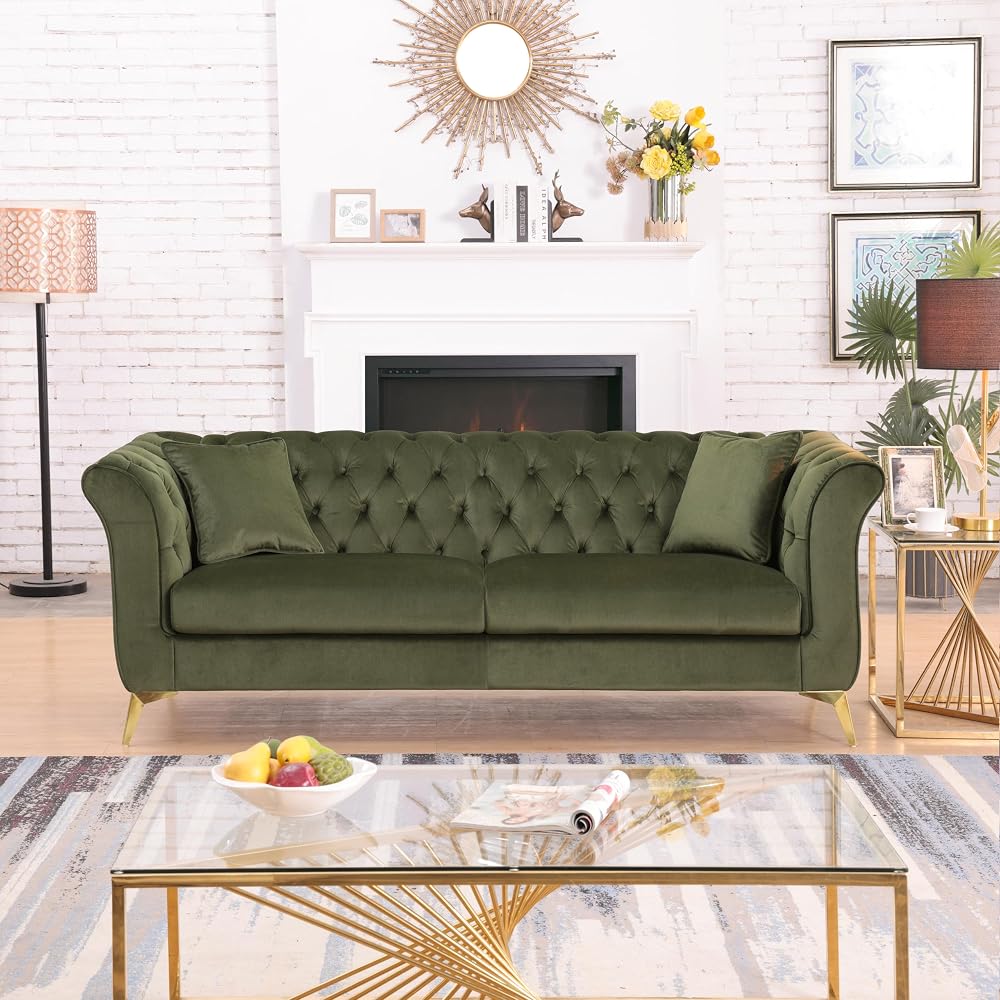 87" Chesterfield Sofa, Contemporary Stanford Sofa, 3 Seater Deep Seat Sofa, Comfy Upholstered Velvet Couch with Scroll Arm and Scroll Back for Living Room Bedroom Office, Green