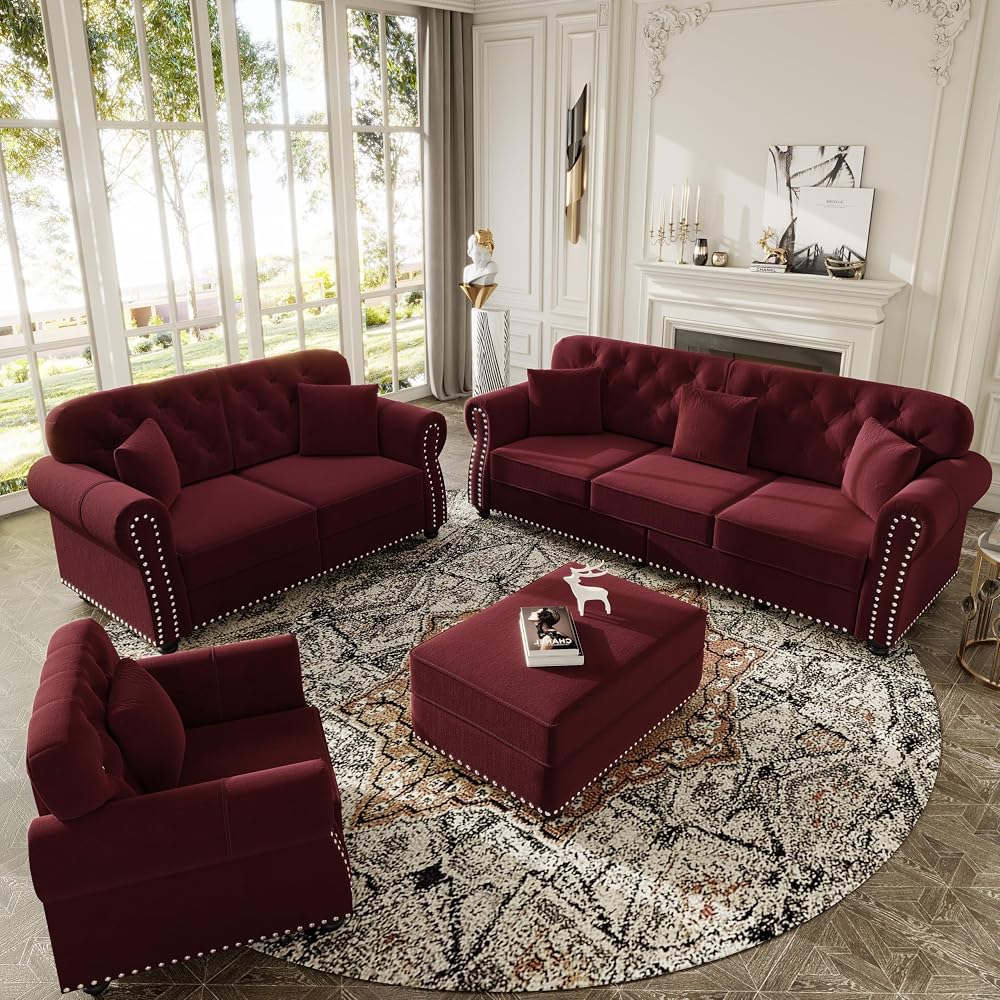 4-Piece Chesterfield Sofa Set, Upholstered Velvet 3-Seater Sofa & Loveseat & Single Sofa & Ottoman with Nailhead Trim, Modern Button Tufted Sectional Couches for Living Room, Burgundy