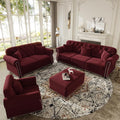 4-Piece Chesterfield Sofa Set, Upholstered Velvet 3-Seater Sofa & Loveseat & Single Sofa & Ottoman with Nailhead Trim, Modern Button Tufted Sectional Couches for Living Room, Burgundy
