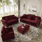4-Piece Chesterfield Sofa Set, Upholstered Velvet 3-Seater Sofa & Loveseat & Single Sofa & Ottoman with Nailhead Trim, Modern Button Tufted Sectional Couches for Living Room, Burgundy