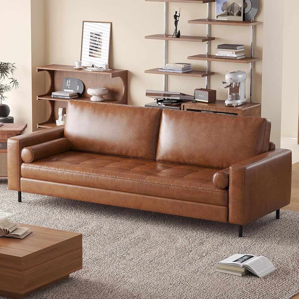 80.31-inch mid-Century Style Faux Leather Sofa for Everyday Living, Designed for Three People, with a Solid Wood Frame and Metal Legs, Suitable for Apartments and Living Rooms