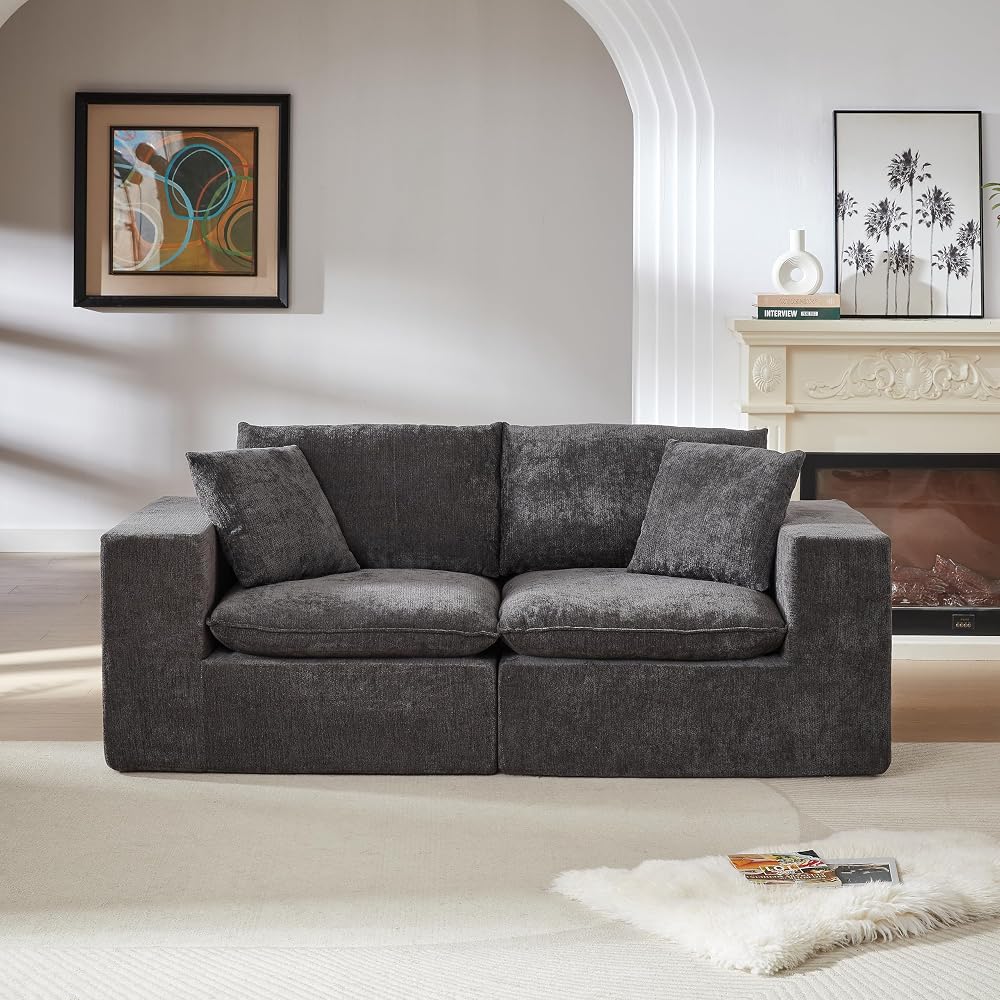 KEIKI 79" Oversized Chenille Modular Sectional Loveseat Sofa with High-Density Foam Cushion & Pillows, Upholstered Modern Style Cloud 2-Seater Couch, Easy Assembly, for Living Room, Dark Gray