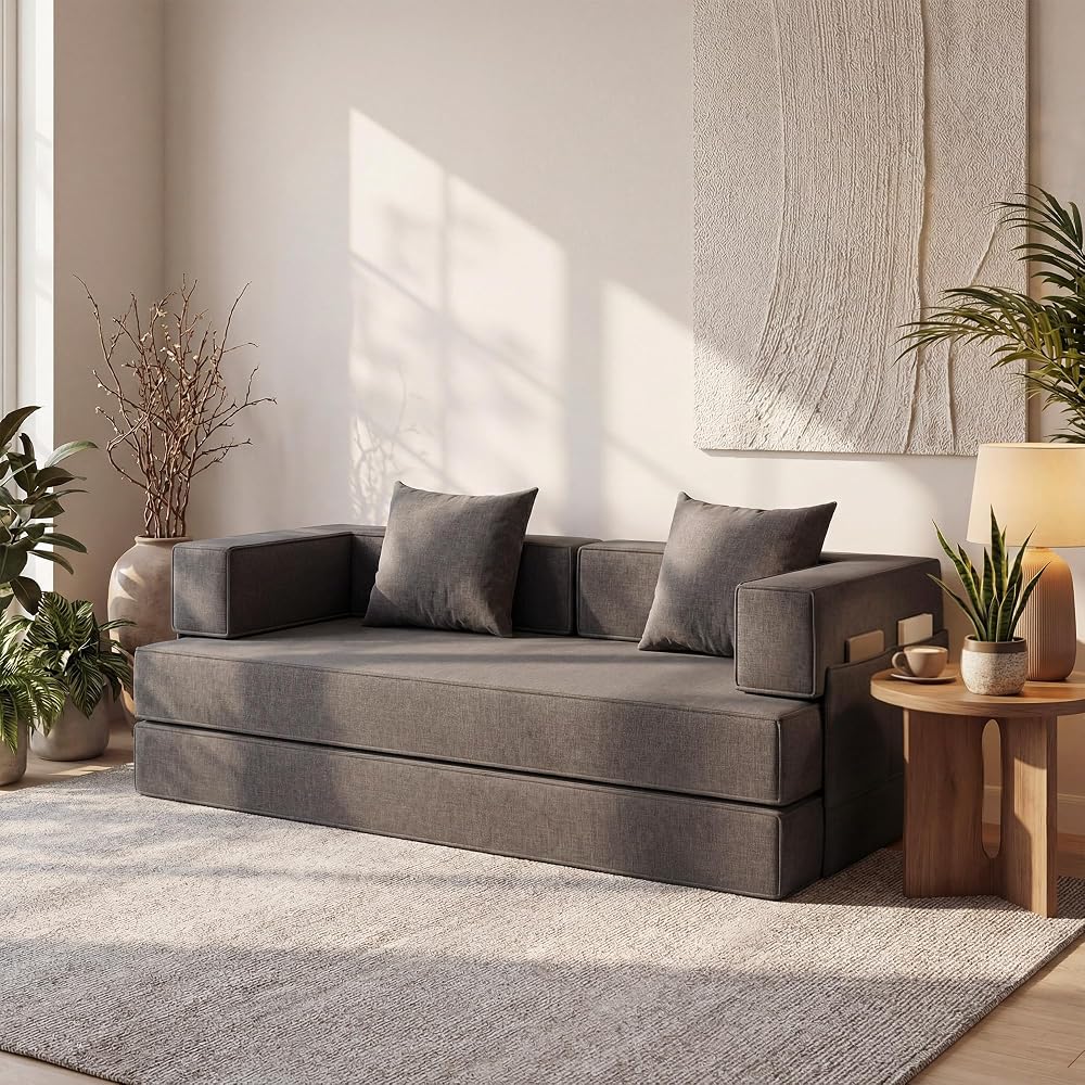 Claiks 4-in-1 Convertible Sofa Bed,86 Inch Compression Sofa with Corduroy Fabric Pull Out Sleeper Sofa with 2 Pillows & 4 Side Pockets for Living Room Bedroom Apartment,No Assembly Required,Dark Grey.