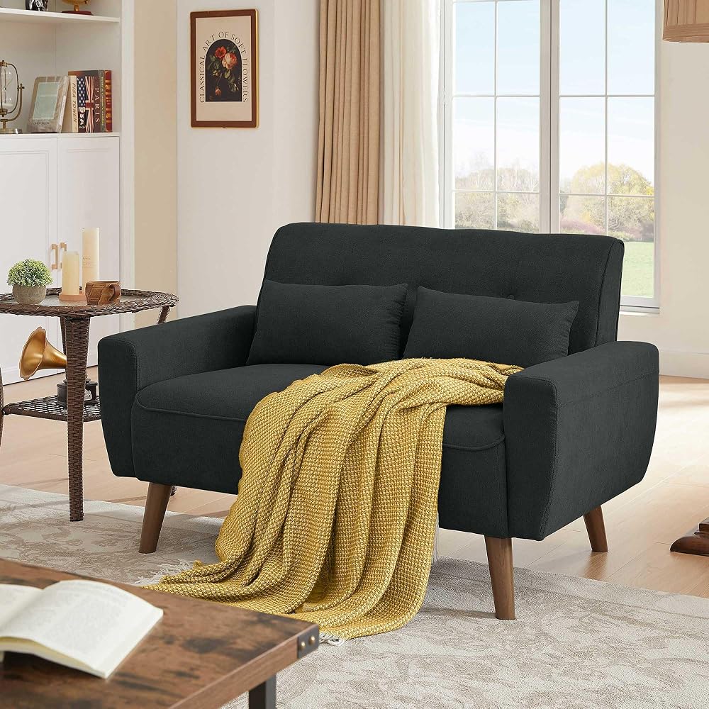 Loveseat Sofa Couch with Two Throw Pillows, Mid Century Modern 2 Seat Love Seat Couches for Living Room, Linen Fabric, 48" (Black)