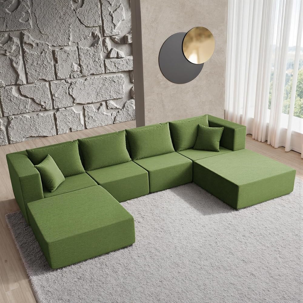 YINIX 140" Convertible Sleeper Sofa Bed - Modular Sectional Sofa Couches - Comfy Cloud Couch for Living Room Floor Sofa - 6 Piece Free Combination Compression Sofa - No Assembly Required - Green
