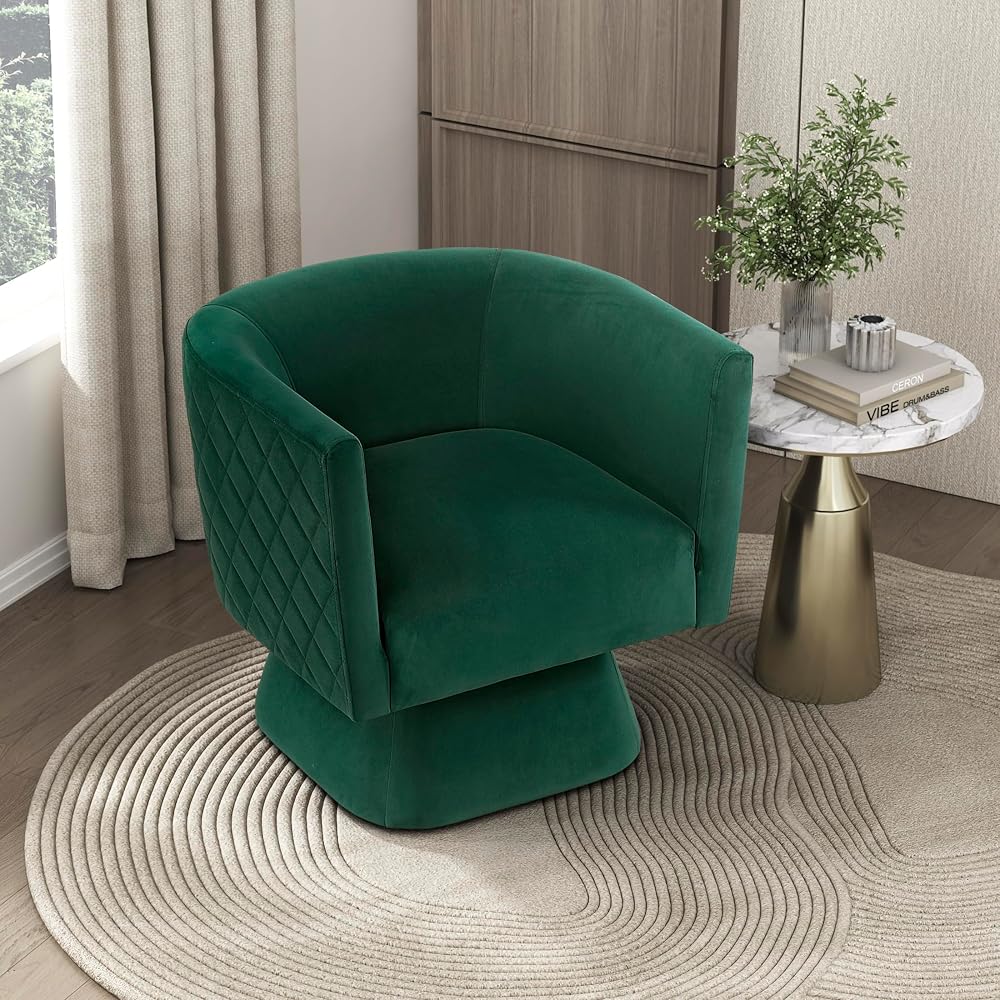 Lexicon 360 Degree Swivel Accent Chair, Modern Comfy Velvet Barrel Chair, Diamond Stitched Details, Plush Foam Cushions, Metal Swivel Base, for Living Room/Bedroom/Apartment/Office, Green